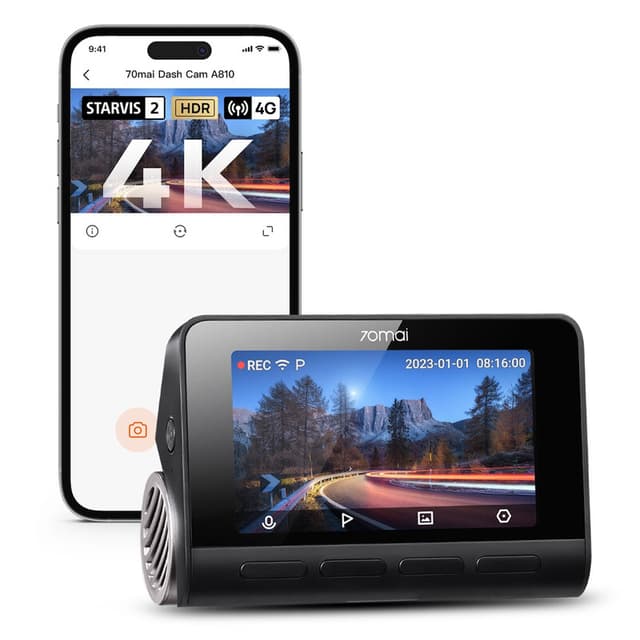 70mai 4K Dashcam Single-Channel A810, Echte 4K UHD Dashcam met Sony STARVIS 2 IMX678, HDR-Nachtzicht, AI-Bewegingsdetectie, Ingebouwde GPS, 4G LTE-Ondersteuning, ADAS, 24u Parkeermodus, Spraakbesturing, 150° Groothoek