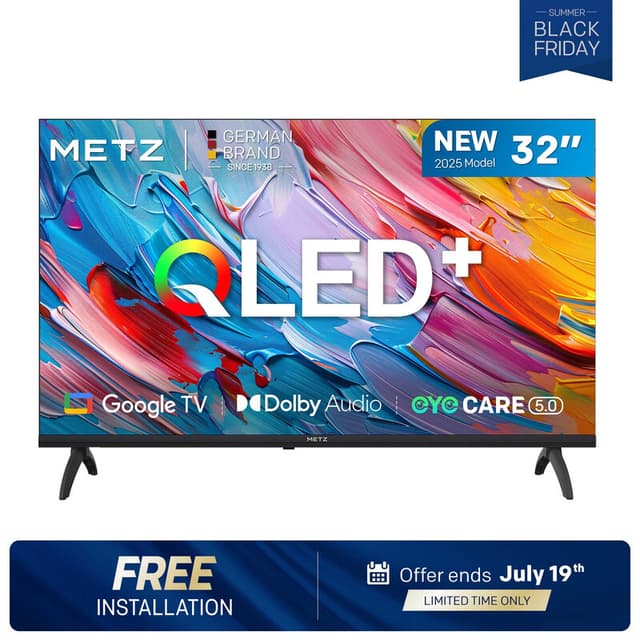 METZ 32-inch (81 cm) 2025 QLED Smart TV HD Google TV, 32MQF7000Z, 93% DCI-P3 breed kleurengamma, HDR10 & HLG, nieuwste Google TV OS, Eye Care (laag blauw licht), Dolby Audio