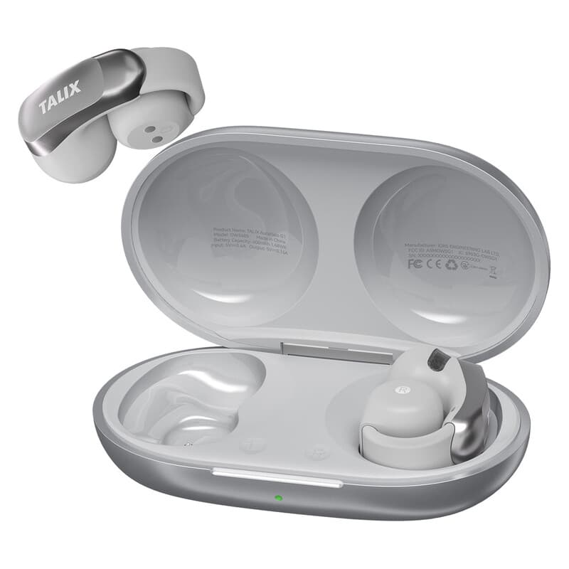 TALIX ultralichte clip-on draadloze oordopjes, heldere oproepen met 4 microfoons, 28 u batterij, snelladen, Bluetooth 5.3, IPX4 waterbestendig, siliconen oorhaak, G1, Grijs — afbeelding 1