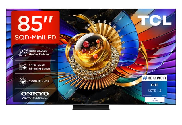 TCL 85Q7D PRO 85” SQD-Mini LED tv, 4K HDR 2000 nits, 1056 dimzones, Google TV, Dolby Vision IQ & Atmos, 2.1 Onkyo, 144 Hz, Apple AirPlay 2 & Alexa