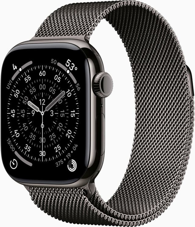 Apple Watch Series 11 GPS + mobiel, 46 mm, leigrijze titanium kast met leigrijze Milanese band - S/M