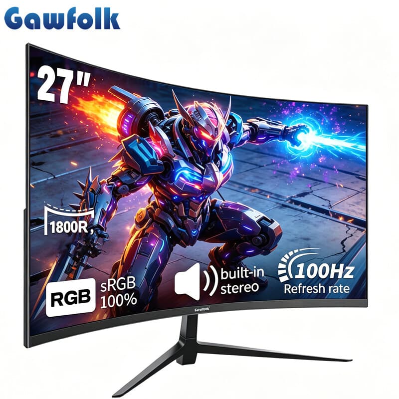 Gawfolk 27" Curved Gaming Monitor, 1080P FHD 100Hz 1800R VA Randloos Computerscherm, AMD FreeSync, Ingebouwde Luidsprekers, VESA Montage, Laag Blauw Licht Oogbescherming Display voor Thuiskantoor & Console Gaming — afbeelding 1