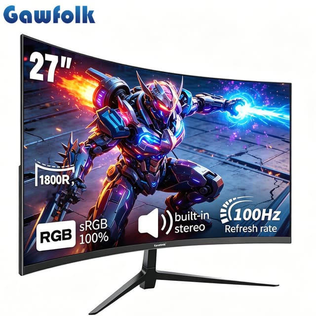 Gawfolk 27" Curved Gaming Monitor, 1080P FHD 100Hz 1800R VA Randloos Computerscherm, AMD FreeSync, Ingebouwde Luidsprekers, VESA Montage, Laag Blauw Licht Oogbescherming Display voor Thuiskantoor & Console Gaming