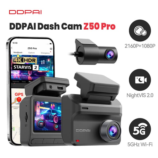 DDPAI Z50 Pro Dashcam Voor en Achter 4K+1080P, Dashcam voor Auto's, Ingebouwde 5G Wi-Fi 6 GPS, 3" Display Dashcam, Super Nachtzicht, Ondersteunt ADAS, Loop Opname, 48H Parkeermodus