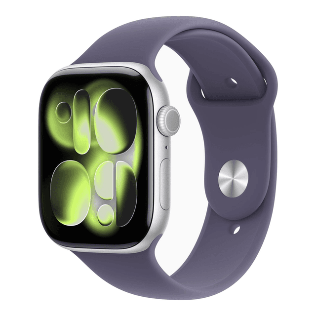 Apple Watch Series 11 GPS + mobiel 46 mm zilverkleurige aluminium behuizing met paarse mist sportband - S/M