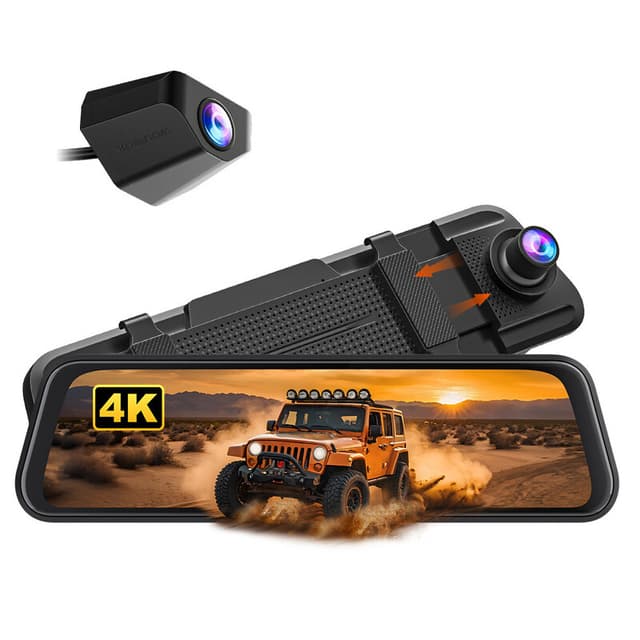 WolfBox M40lite 4K dashcam met achteruitkijkspiegel en 1080p camera aan de achterkant, 10-inch touchscreen, looprecording, G-sensor