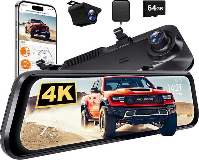 WOLFBOX G850 PRO 4K spiegel-dashcam met ADAS en BSD, slimme achteruitkijkspiegel met 5,8 GHz wifi, spraakbesturing, 12-inch camera, inclusief 64 GB SD-kaart, GPS, G-sensor, lusopname