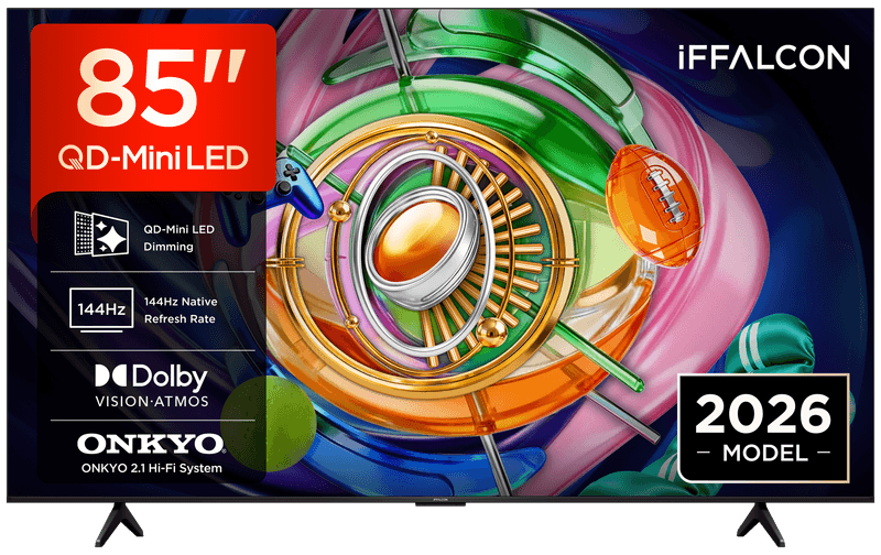 iFFALCON 85U85A 85" QD-Mini LED, 4K HDR, Google TV, Dolby Vision, HDR10+ & Atmos, 144Hz VRR, FreeSync Premium, Onkyo 2.1-geluid, Game Master, spraakbediening, Google Assistant, Google Cast, AirPlay 2 — afbeelding 1