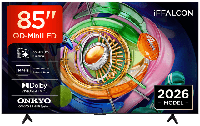 iFFALCON 85U85A 85" QD-Mini LED, 4K HDR, Google TV, Dolby Vision, HDR10+ & Atmos, 144Hz VRR, FreeSync Premium, Onkyo 2.1-geluid, Game Master, spraakbediening, Google Assistant, Google Cast, AirPlay 2