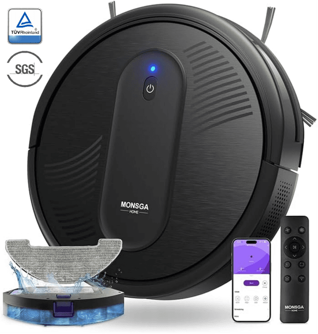 MONSGA MR1 robotstofzuiger, 4000 Pa krachtige zuigkracht, 3,2 inch superdun, 140 min gebruiksduur, robotstofzuiger voor harde vloeren/laagpolig tapijt/dierenhaar, afstandsbediening/app/spraakbediening, geplande reiniging