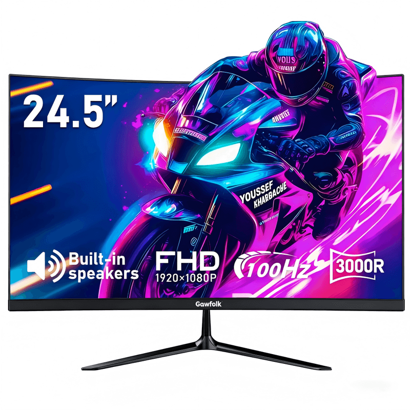 Gawfolk 24,5 inch 1K FHD gebogen monitor, 100 Hz hoge verversingssnelheid, 1 ms (MPRT) responstijd, 3000R meeslepende kromming, ingebouwde luidsprekers, AMD FreeSync, oogbescherming, antireflectie, lage invoervertraging, HDMI, VESA-bevestiging 75 x 75 mm, — afbeelding 1