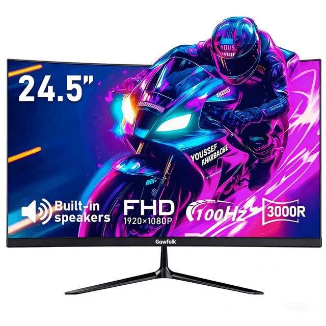 Gawfolk 24,5 inch 1K FHD gebogen monitor, 100 Hz hoge verversingssnelheid, 1 ms (MPRT) responstijd, 3000R meeslepende kromming, ingebouwde luidsprekers, AMD FreeSync, oogbescherming, antireflectie, lage invoervertraging, HDMI, VESA-bevestiging 75 x 75 mm,