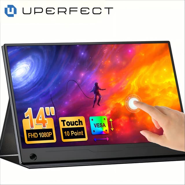 UPERFECT Draagbare monitor 14-inch, 60 Hz, touchscreen, 100% sRGB, met VESA-compatibele bevestiging en verstelbare standaard, 180° verstelbaar, ultradun en lichtgewicht, reis- en tweede monitor voor laptop