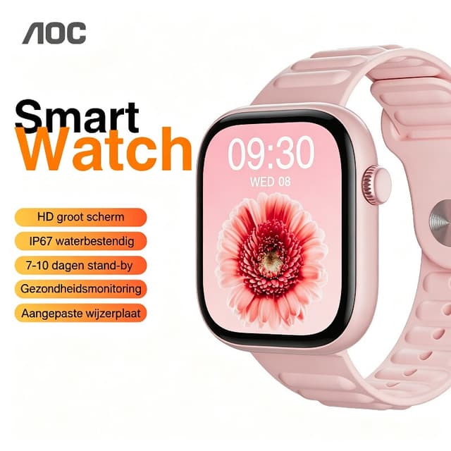 AOC T7 smartwatch, 1,77 inch groot display, hartslag-, bloedzuurstof- en slaapmonitoring, Bluetooth 5.3, IP67 waterbestendigheid, magnetisch snelladen, meerdere sportmodi, aanpasbare wijzerplaten