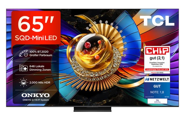 TCL 65Q7D PRO 65” SQD-Mini LED tv, 4K HDR 2000 nits, 646 dimming zones, Google TV, Dolby Vision IQ & Atmos, 2.1 Onkyo, 144 Hz, Apple AirPlay 2 & Alexa