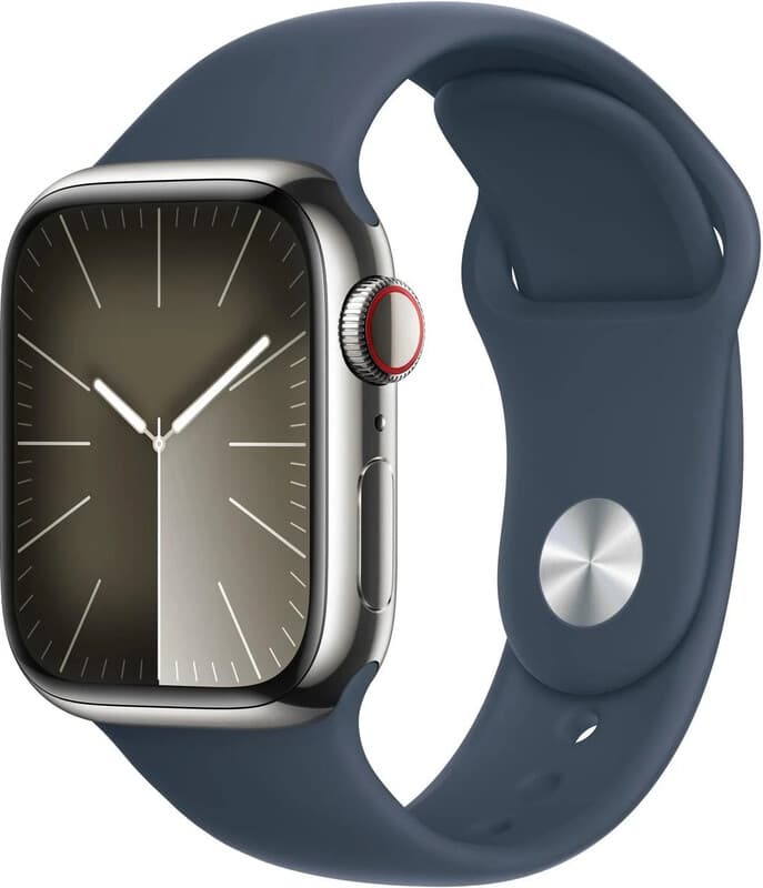 Apple Watch Series 9 GPS + mobiel 41 mm zilverkleurige roestvrijstalen kast met stormblauwe sportband - S/M — afbeelding 1