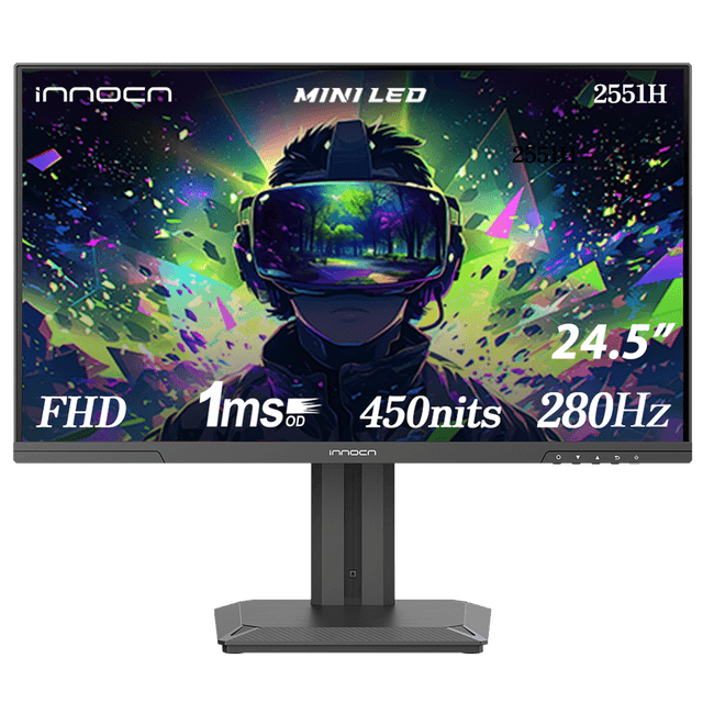 INNOCN 2551H 24,5 inch Mini LED gaming monitor, 180 zones, FHD 1080P, 280 Hz IPS display, 94% DCI-P3 & 99% sRGB, helderheid 450, FreeSync, HDMI/DP, ingebouwde luidspreker, in hoogte verstelbaar, zwart