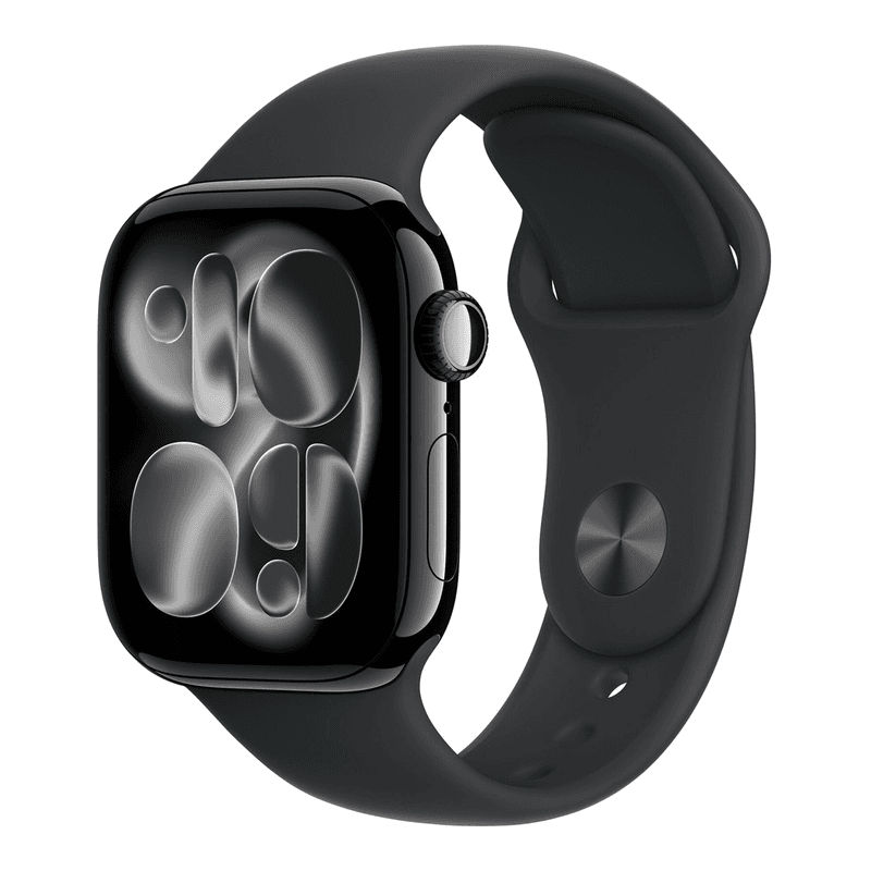 Apple Watch Serie 11 GPS 42 mm met Jet Black aluminium behuizing en zwarte sportband - S/M — afbeelding 1