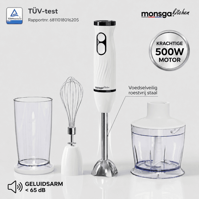 MONSGA 2-in-1 staafmixer & garde S100, ergonomische staafmixer met normale/Turbo-modi, anti-spatbescherming & panbescherming, 500 ml hakmolen, 500 ml maatbeker, 1,5 m kabel, vaatwasserbestendig, crèmewit