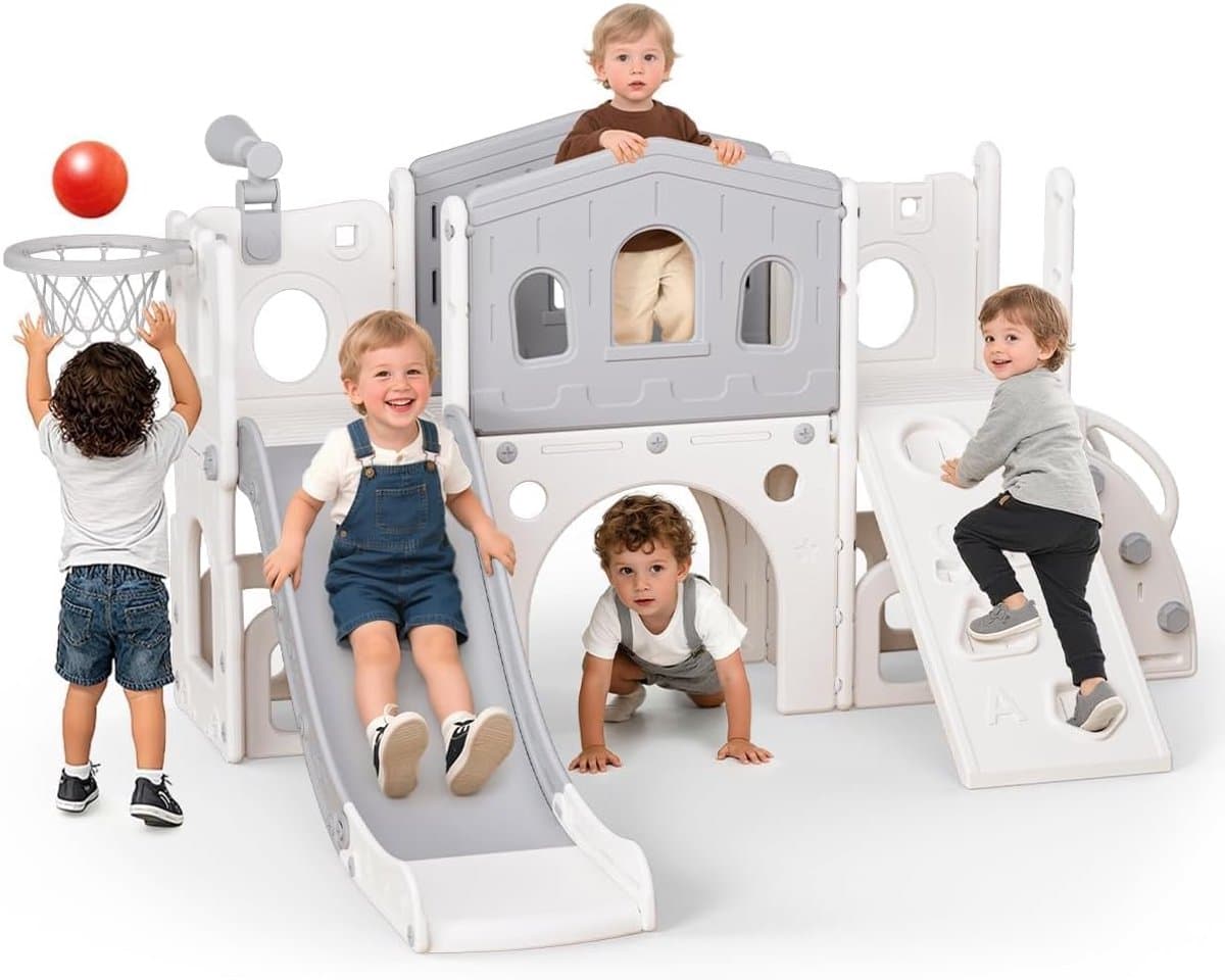 Kinderslide met Ladder, Platform, Kruiptunnel, Klimhelling, Basketbalring & Speelgoedtelescoop, Binnen en Buiten Speelset voor Peuters en Kleuters(Grijs) — afbeelding 1