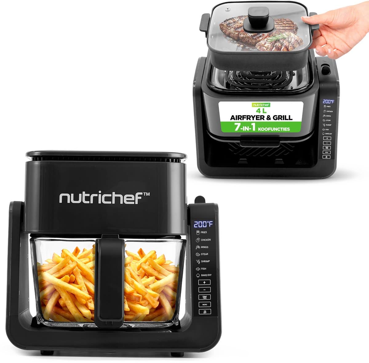 NutriChef 3,8 Liter Airfryer & Grill – 7-in-1 Voorgeprogrammeerde Kookstanden – Transparante Glazen Frituurkom – Zwart — afbeelding 1