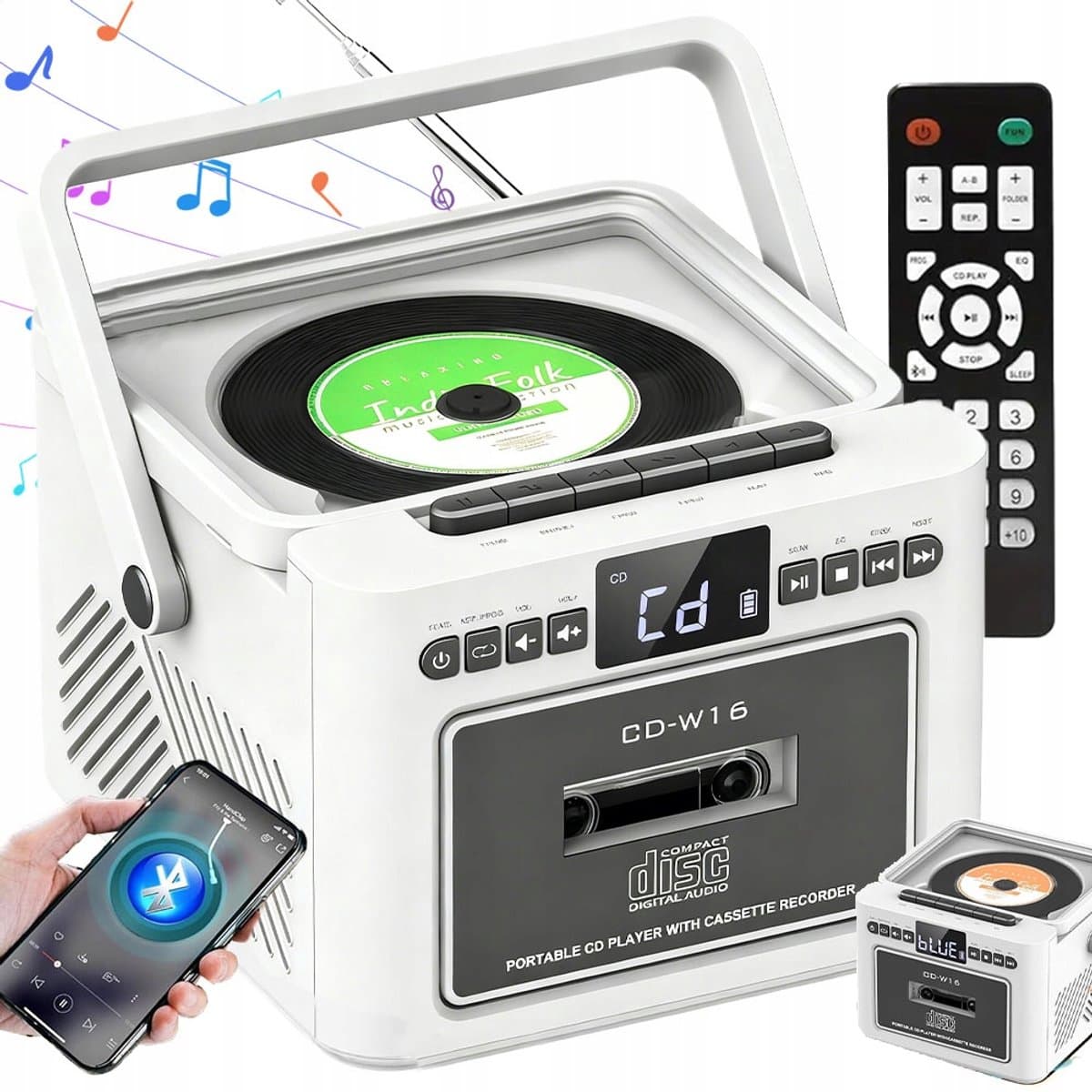 Retro muziekspeler - Bluetooth Speaker - Combispeler - CD speler - 5000mAh Batterij - CD/Cassette/Radio/Bluetooth - Met Afstandsbediening - Voor Binnen & Buiten - Wit — afbeelding 1