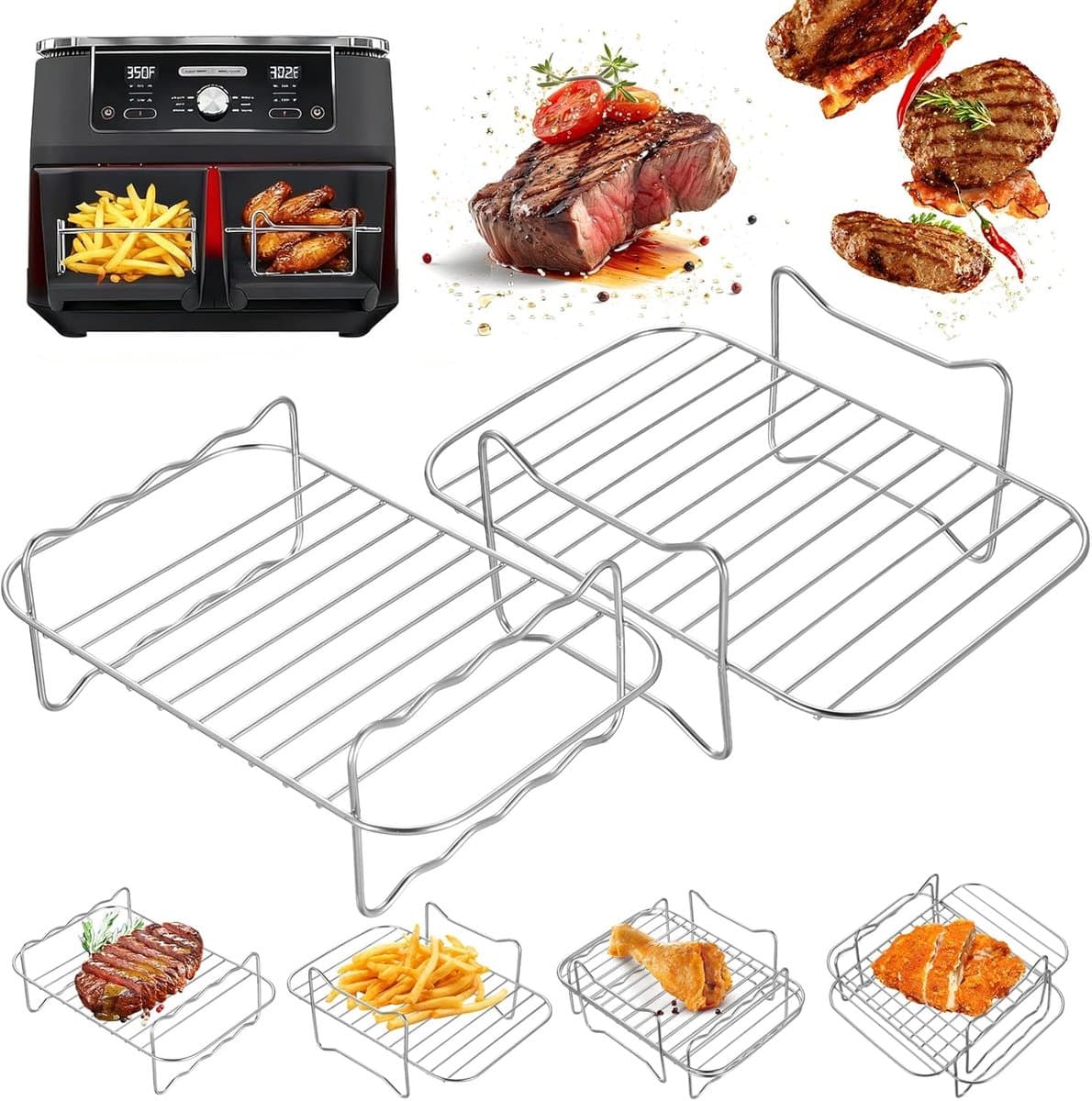 2 stuks grillrooster voor heteluchtfriteuse accessoires Stapelbaar, #304 roestvrij staal Airfryer grillrooster heteluchtfriteuse rooster, Airfryer accessoires voor Dual Zone 7,6L–10,4L, voor Ninja — afbeelding 1