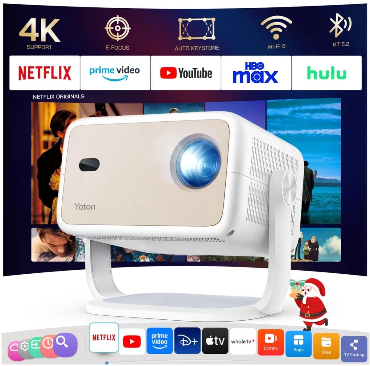 SnelShoppen - YOTON Y7 Projector 4K Smart TV, Draagbare Videoprojector met WiFi, Bluetooth, Native 1080P, 500 ANSI Lumens voor Netflix, YouTube, Prime — afbeelding 1