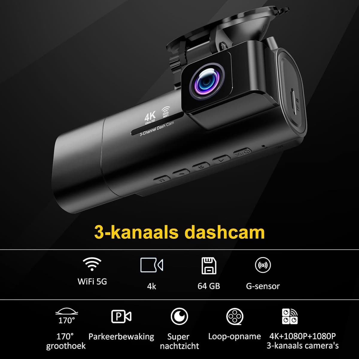 Dashcam - Zwart - 4K Voorkamera - 1080P Achtercamera - Voor Auto's — afbeelding 1