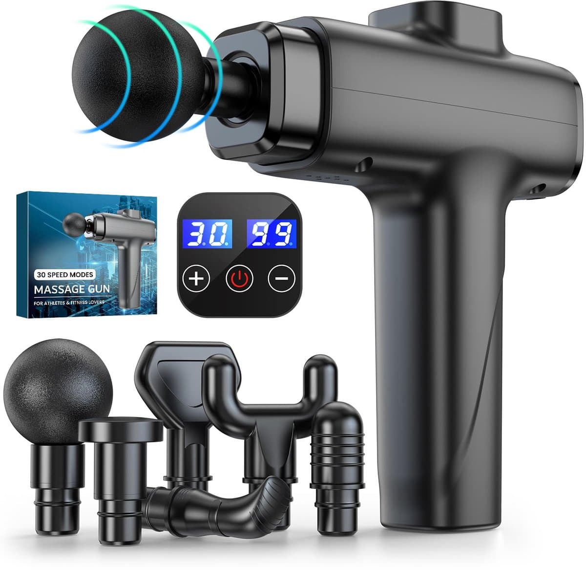 SnelShoppen - Spiermassagepistool Massage Gun Draagbare Spiermassager met Diepe Weefsels, Ultrastille 30 Snelheden, Percussiemassageapparaat met 8 Mas — afbeelding 1