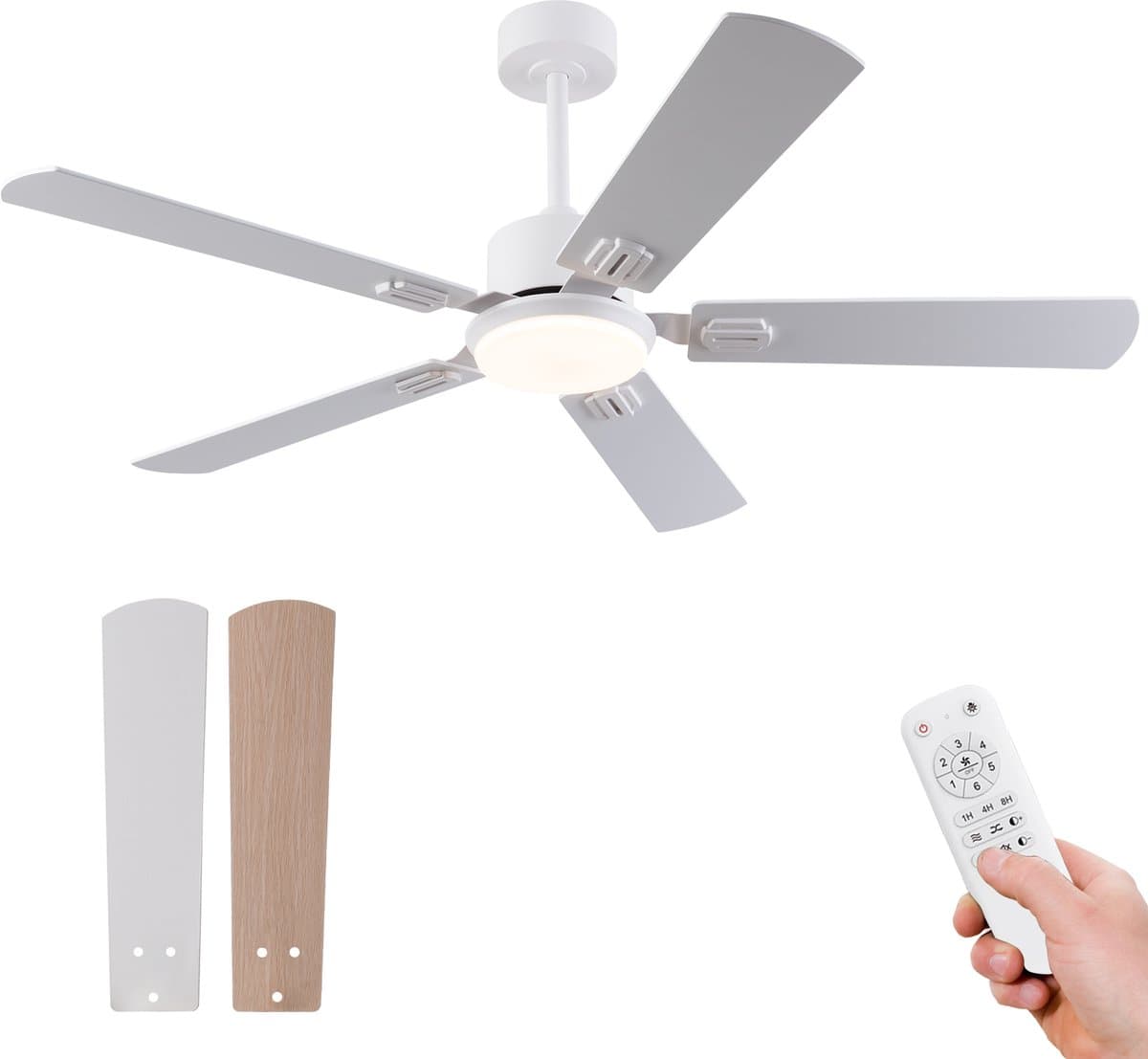 Plafondventilator 52 inch met Licht en Afstandsbediening - Dimbare LED-verlichting - 6 snelheden met omkeerbare motor - Geschikt voor slaapkamer - Vlak modern design - 5 bladen met tweekleurige afwerking (wit & natuurhout) — afbeelding 1