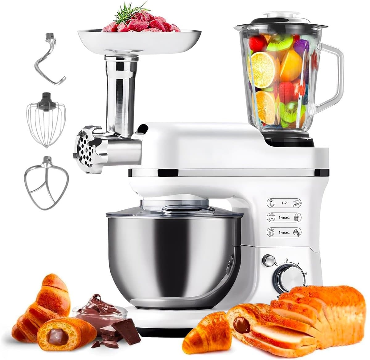 SnelShoppen - Avilia Planetaire Keukenmachine 6,5 L met Vleesmolenset en Roestvrijstalen Mixer, 1900 W, 360 Graden Roeren, 6 Snelheden voor Perfect De — afbeelding 1