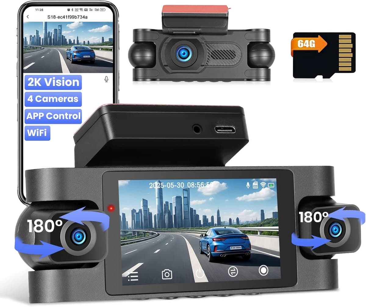 SnelShoppen - 4-Kanaals Dashcam met WiFi, 2K Voor en 1080P Achter, 360° Beveiligingscamera voor Auto met 64GB Kaart, G-Sensor, Nachtzicht, Parkeerbewa — afbeelding 1