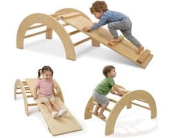 509 Crew Zoo 2-in-1 klimboog met glijbaan/klimplankset, indoor en outdoor speelhal, Montessori-klimrek, kleur: natuur
