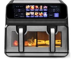 Dual Basket Airfryer XXL - 9 Liter - 2200W Krachtig - Met Kijkvenster - Dubbele Zone - Kleuren LED Display - Onafhankelijke Bakmanden - Zwart
