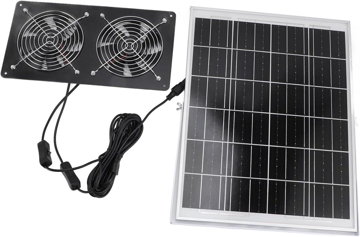 Zonne Ventilator Kit - Dubbele Fan - Buitenruimte Ventileren - IP65 Waterdicht Paneel - 30W - Zwart — afbeelding 1