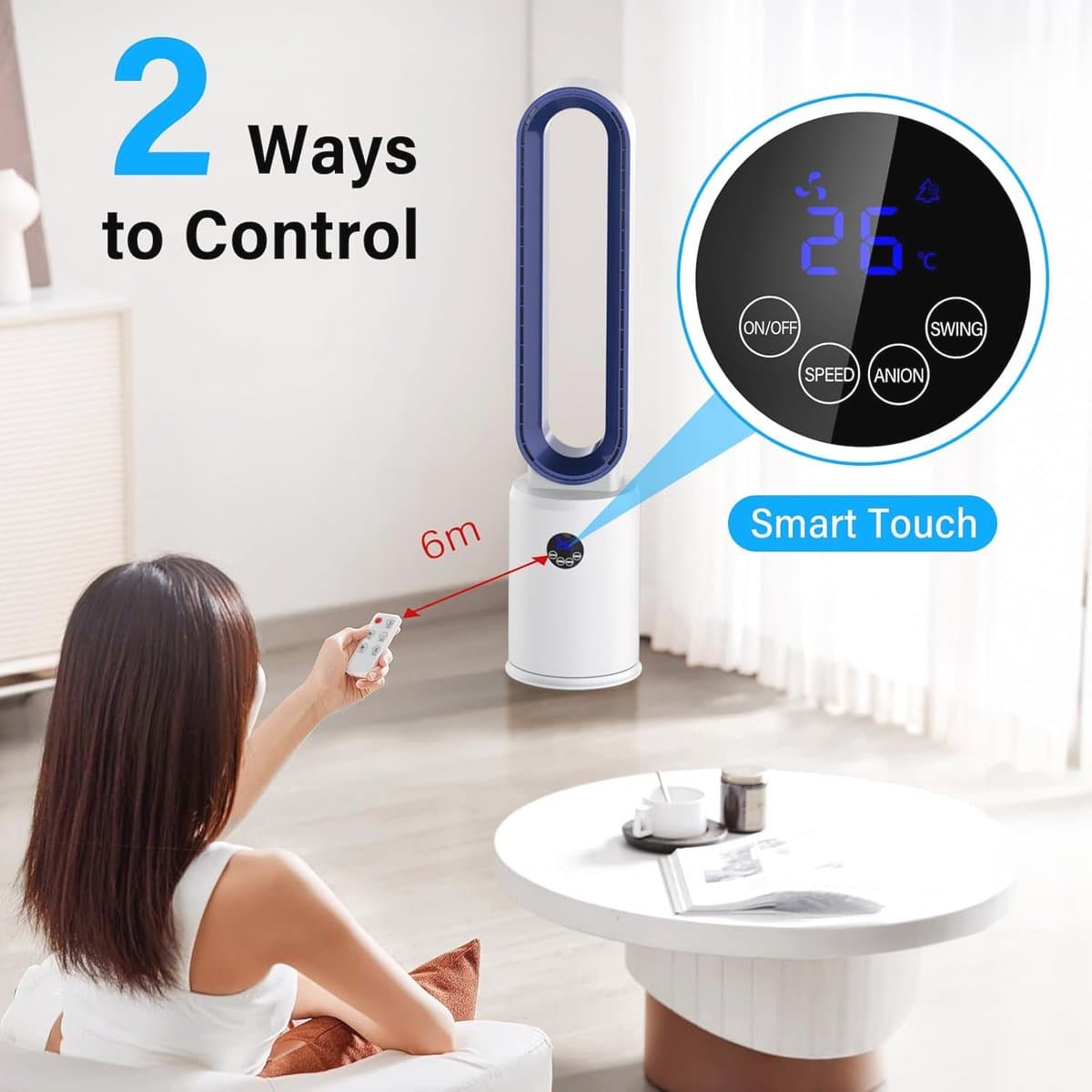 Stille torenventilator met 3 snelheden en 60° oscillatie, met LED-display en timer — afbeelding 1