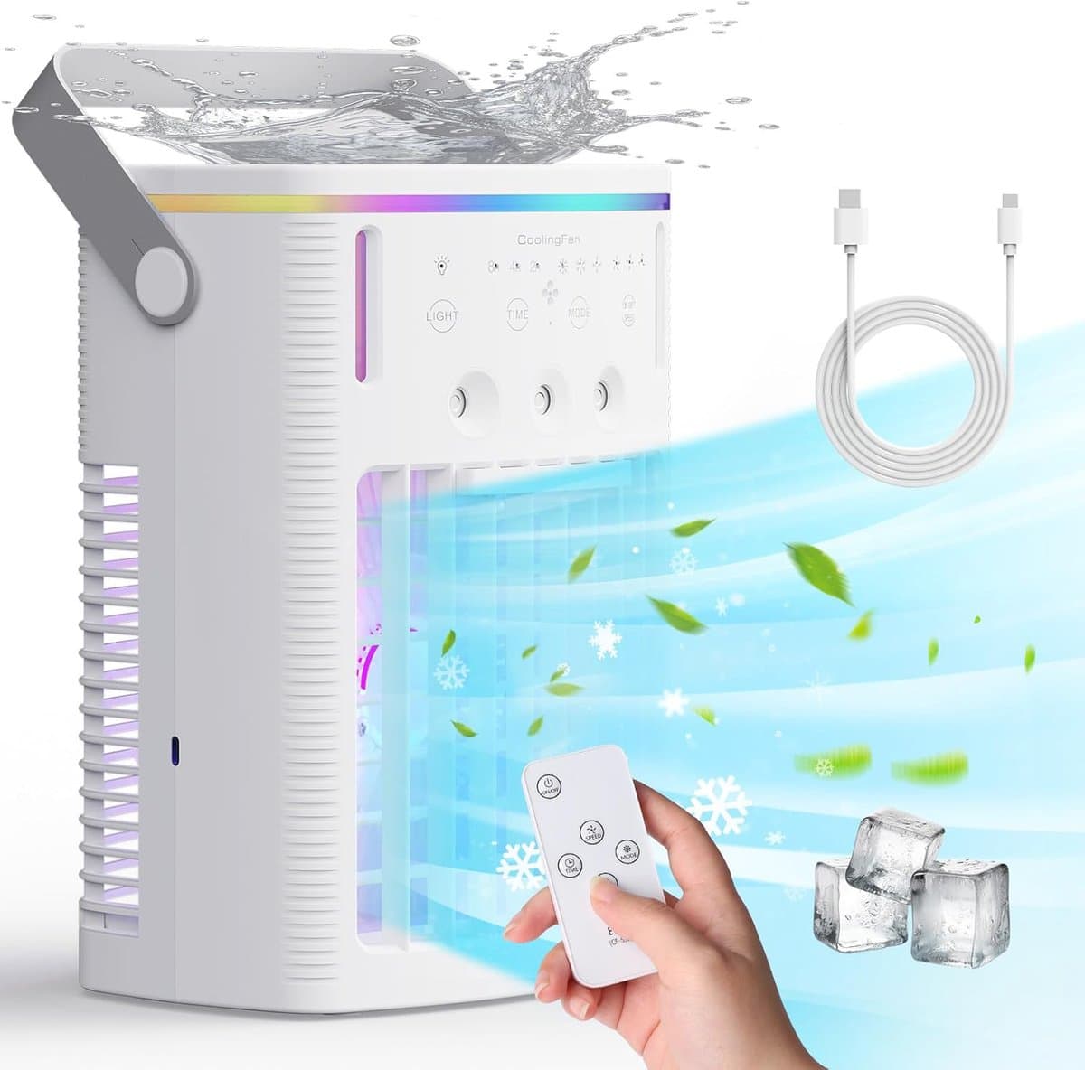 Verdampingskoele-aircooler-aircooler met water-Draagbare airconditioner - Draagbare koeler met afstandsbediening - Timerfunctie - Gekleurd nachtlampje - Drie-laags miststand - Geschikt voor slaapkamers, kantoren en kamperen - Wit - 18x13x25 cm — afbeelding 1