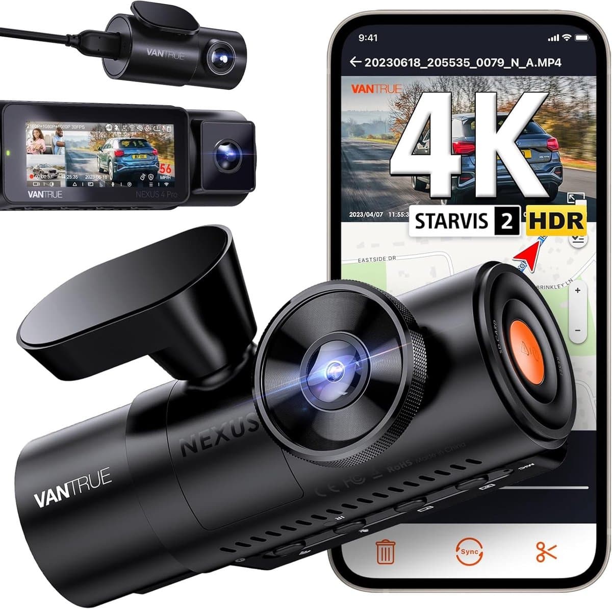Dashcam - 4K + 1080P + 1080P - 3 Camera's - Nachtzicht - Voor Auto's — afbeelding 1