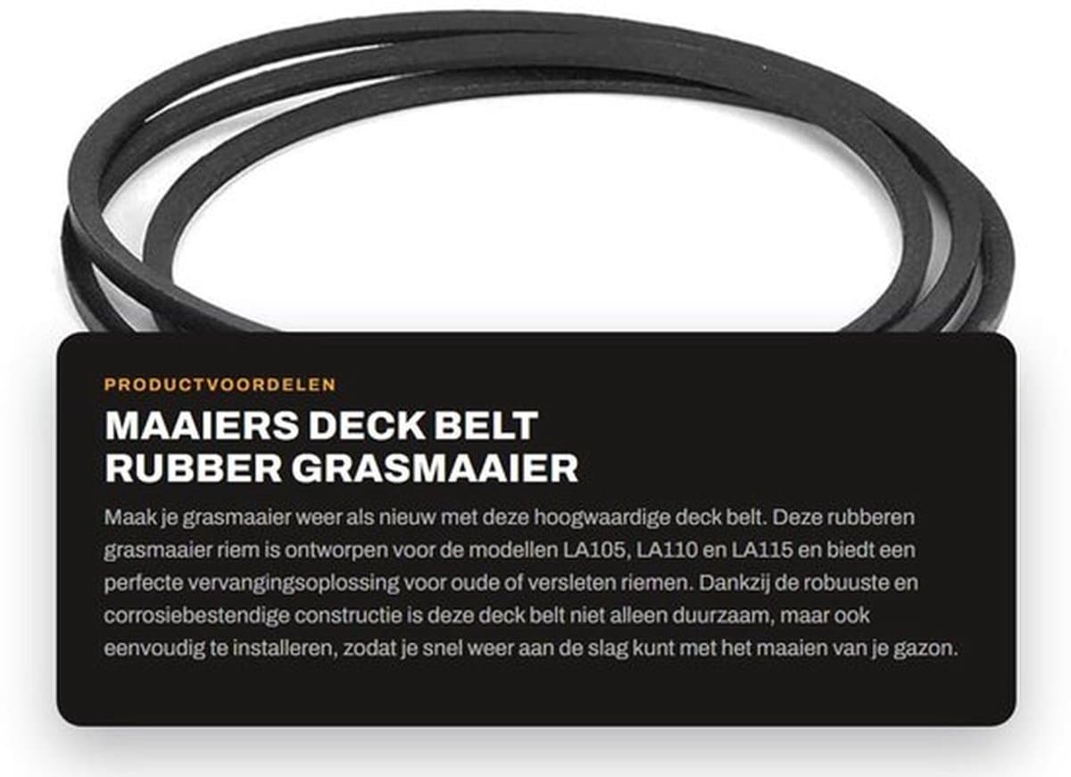Deck Belt Vervanging - Rubber - Geschikt voor John Deere LA105/LA110/LA115 - Duurzaam - Eenvoudige installatie - Afmetingen 1,27 x 261,6 cm - Grasmaaierband — afbeelding 1