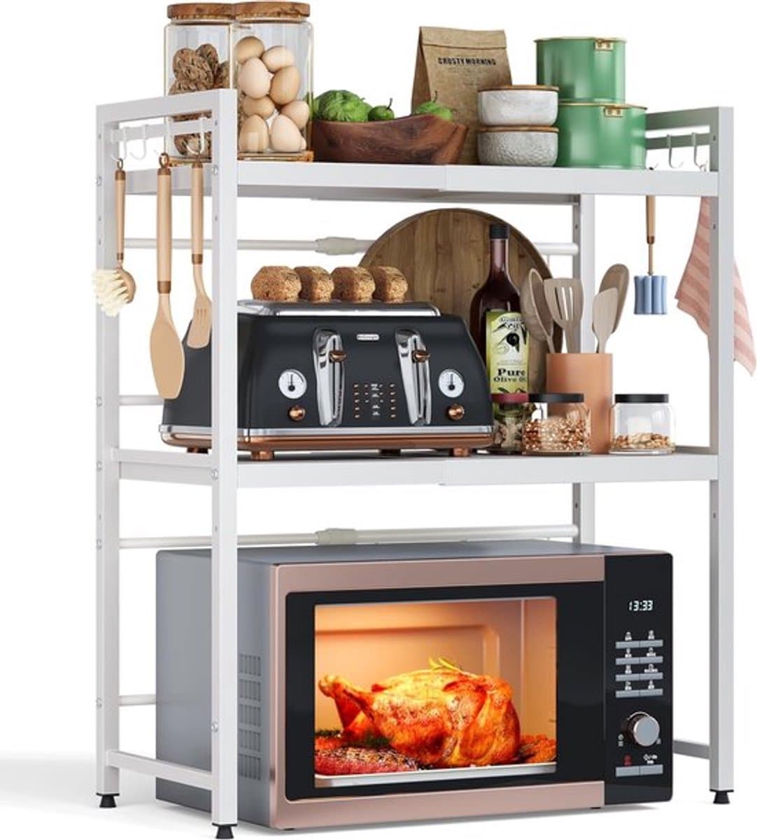 SnelShoppen - Uitbreidbaar Magnetron Rek, 3 Niveaus, Magnetron Stand voor Werkblad, Keuken Organizer, Magnetron Rek met 8 Haakjes, Wit — afbeelding 1
