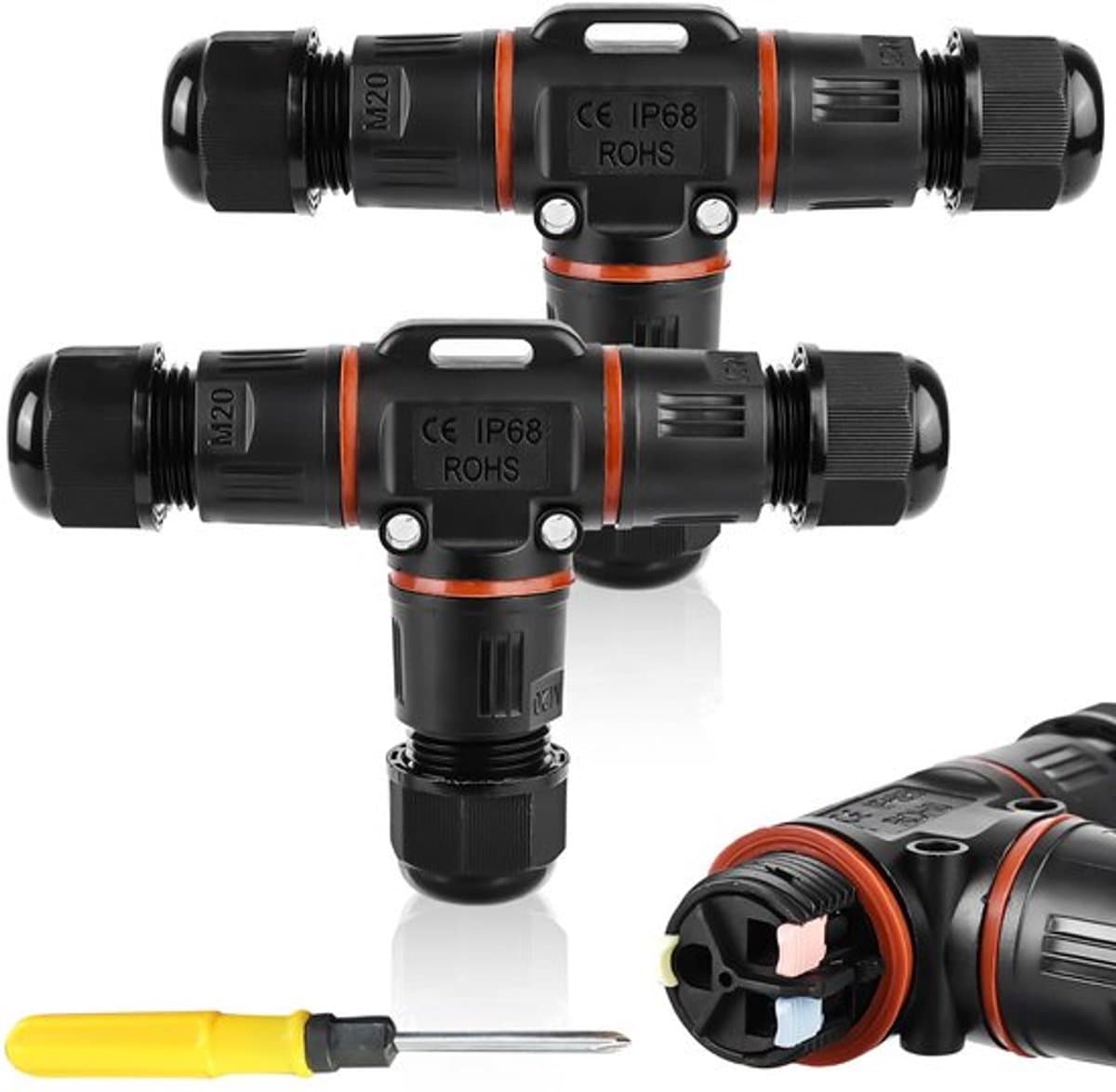 3-polige kabelconnector, waterdicht IP68, T-vormige kabelconnector, waterdicht, 3-polige aardkabel, aansluitmof voor kabeldiameter 3-12 mm, 2-voudige waterdichte aansluitdoos voor tuin en — afbeelding 1