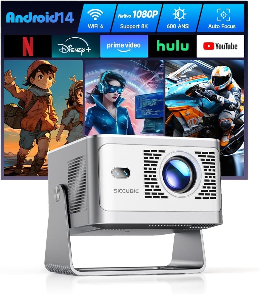 SnelShoppen - Mini Draagbare Projector 4K Full HD 1080P voor Thuisbioscoop, 600 ANSI Lumens, Android 14, WiFi 6, Bluetooth 5.4, Automatische Correctie — afbeelding 1