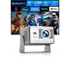 SnelShoppen - Mini Draagbare Projector 4K Full HD 1080P voor Thuisbioscoop, 600 ANSI Lumens, Android 14, WiFi 6, Bluetooth 5.4, Automatische Correctie
