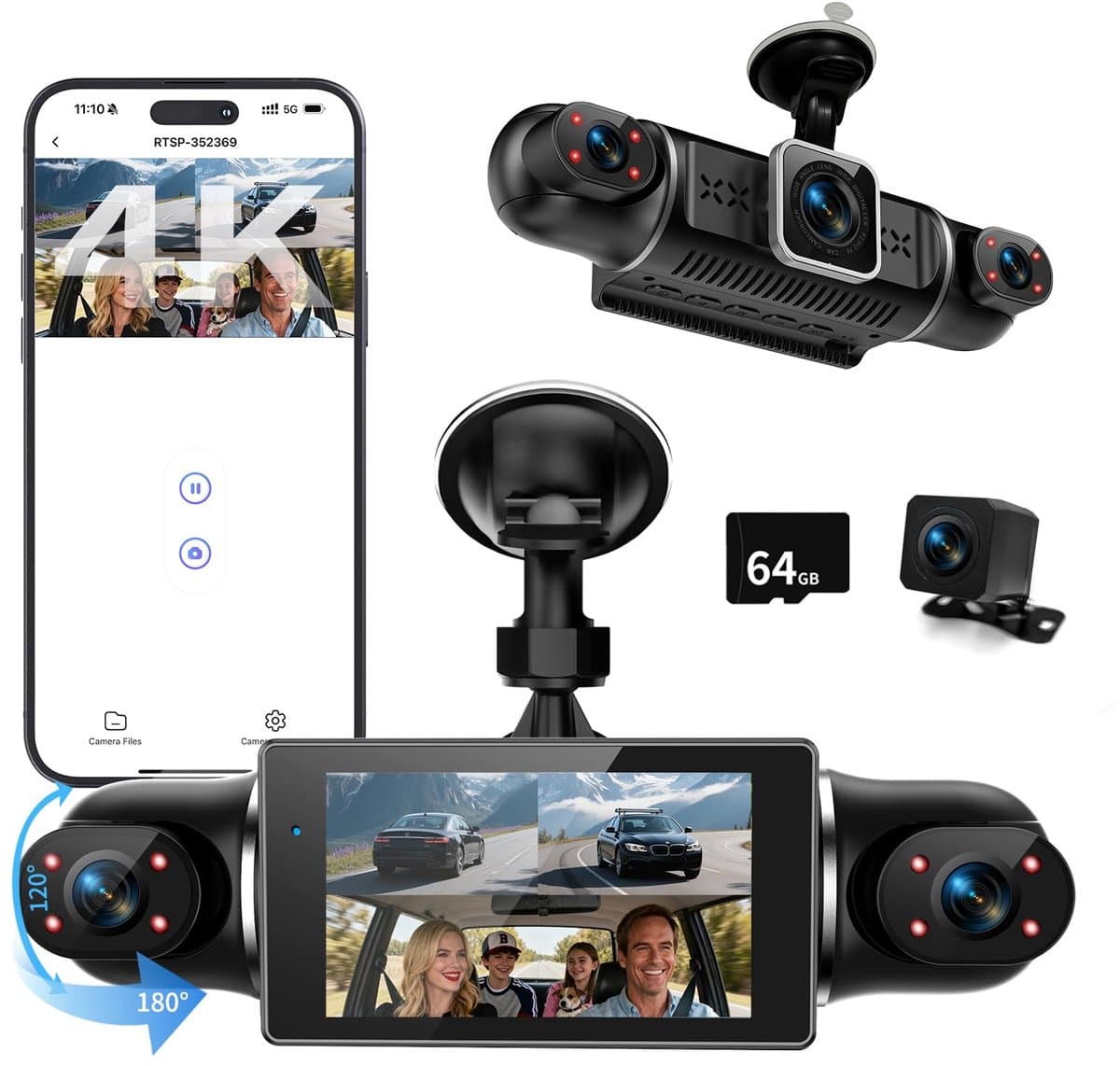 SnelShoppen - 360° Dashcam Auto 4 Kanaals FHD 4K + 1080p, Gratis 64GB SD-kaart, 4×140° Groothoek, WDR Nachtzicht, G-sensor, 3 inch IPS-display, 24/7 P — afbeelding 1