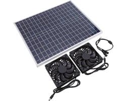 Zonnepaneel Afzuigventilator - Zonneventilator Set - Ventilatie Ruimtes - Dubbele Ventilator - 44 x 36 cm - Zwart