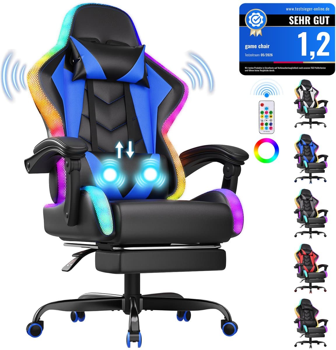 Devoko Game Stoel met ledverlichting-Ergonomische Gamestoel-Gaming chair met voetensteun-Bureaustoel met hoofdsteun en taille massage-Zwart blauw — afbeelding 1