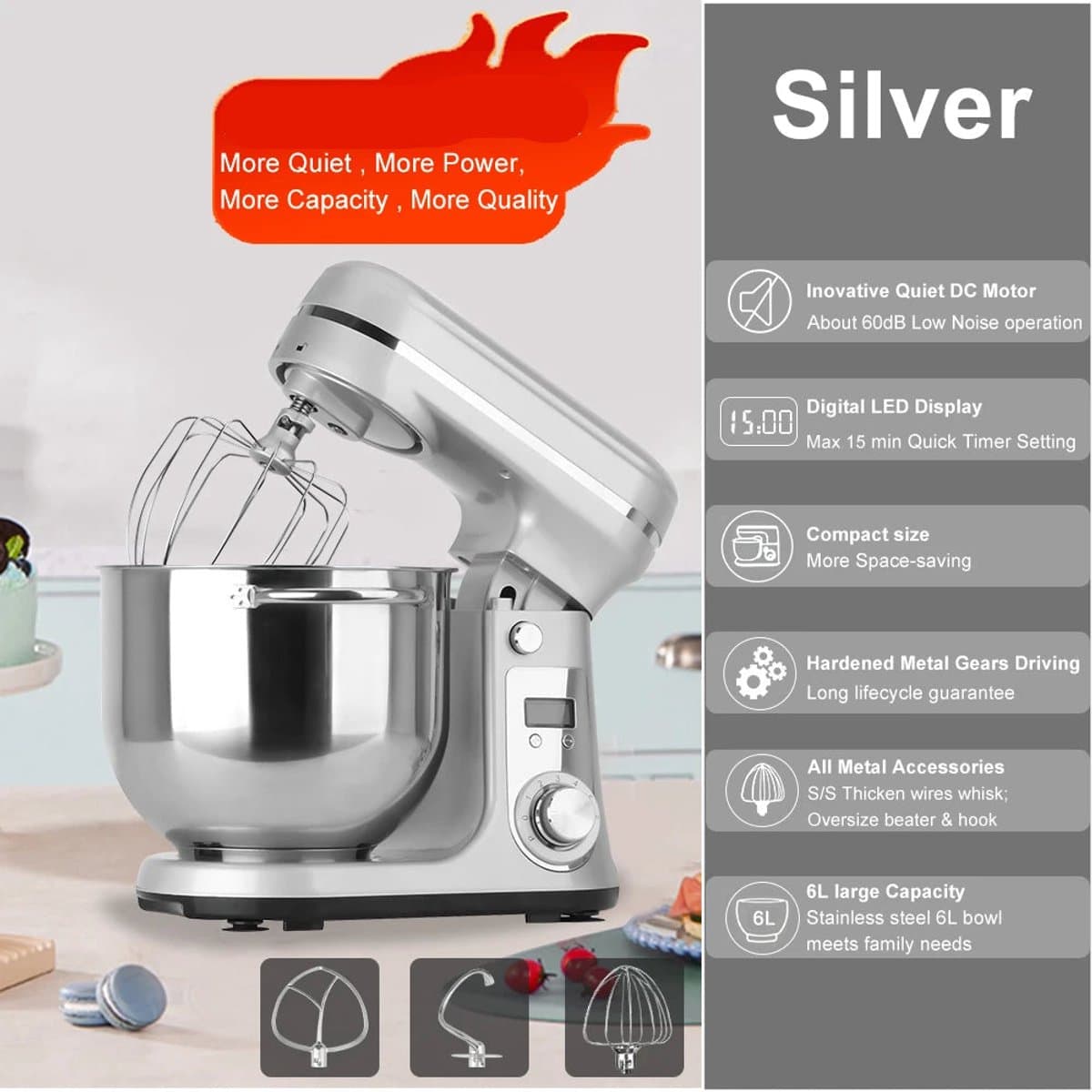 Keukenmixer - Keukenmachine - Foodprocessor - Keukenrobot - LED Display - 6 Snelheden - 1200W - Stil DC-Motor - Elektrische Foodmixer - Zilver — afbeelding 1