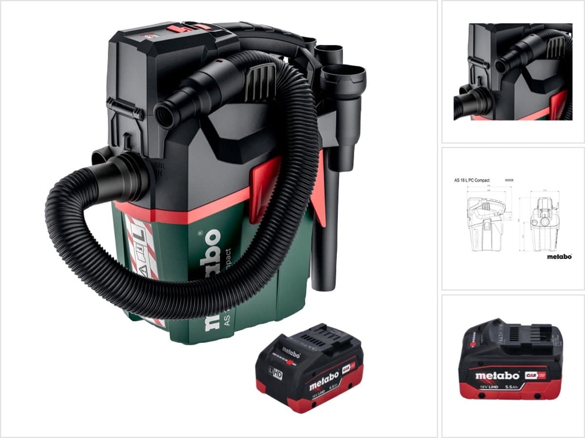 Metabo AS 18 L PC Compact accu-stofzuiger 18 V 6 l IPX4 stofklasse L nat en droog + 1x accu 5,5 Ah - zonder oplader — afbeelding 1