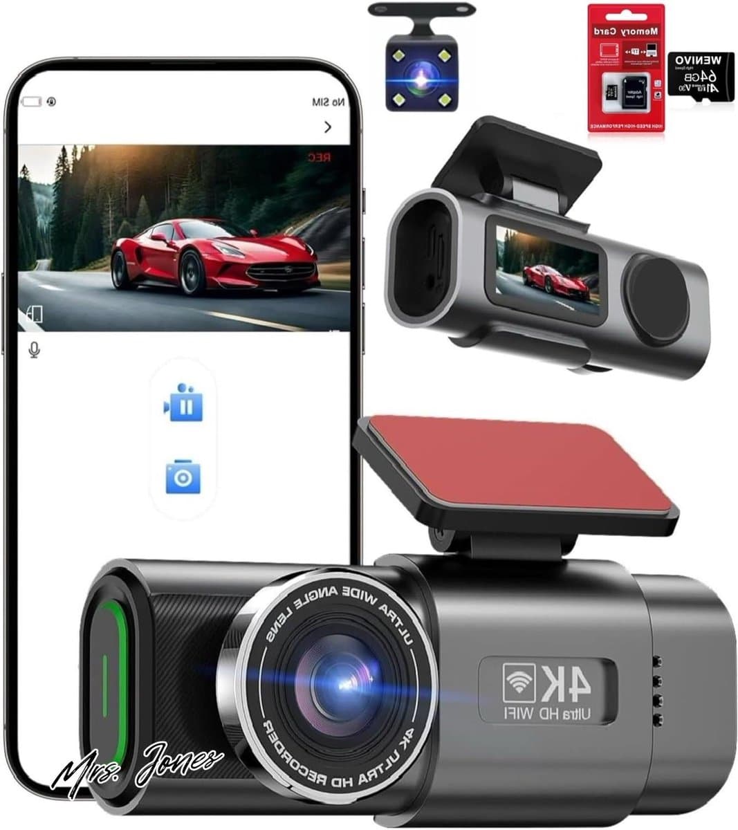Mrs. Jones 4K Voor Achter Dashcam Auto Van Beveiliging Parkeren Mini Dash Camera Video DVR Recorder Wi-Fi APP GPS Tracker IPS Scherm Nachtzicht G-Sensor 170 Groothoek WDR 24 uur Parkeermonitorkit 64GB Streepje Street 1015 . — afbeelding 1